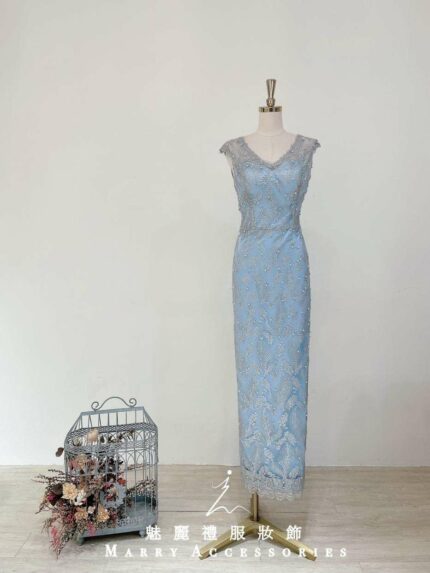 莫蘭迪藍蕾絲花邊媽媽禮服