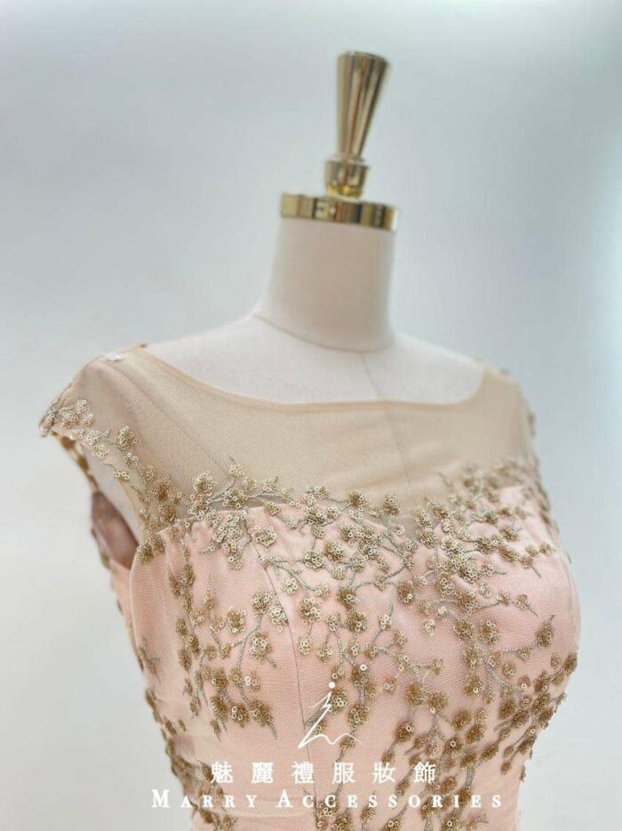 粉膚蕾絲金織花媽媽禮服