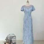 莫蘭迪藍織花刺繡細珠媽媽禮服