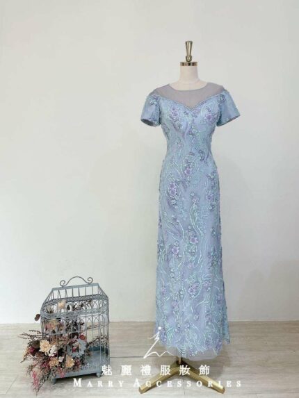 莫蘭迪藍織花刺繡細珠媽媽禮服