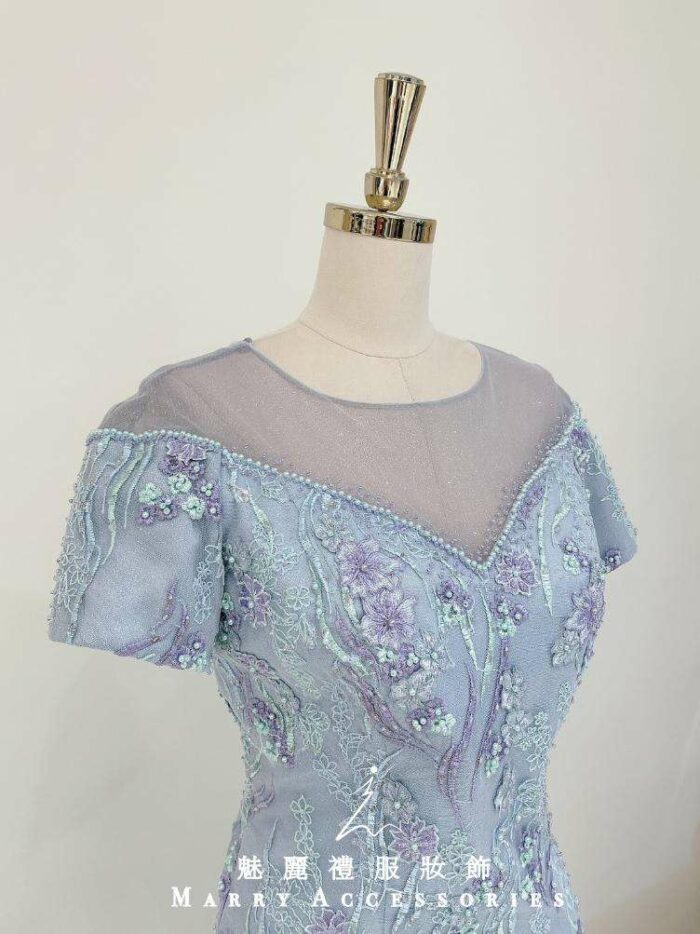 莫蘭迪藍織花刺繡細珠媽媽禮服