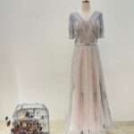 香檳管珠銀鑽皮革收腰媽媽禮服