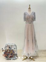 香檳管珠銀鑽皮革收腰媽媽禮服