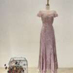 粉紫花葉亮片釘珠織花媽媽禮服