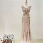 香檳金絲排鑽肩袖媽媽禮服