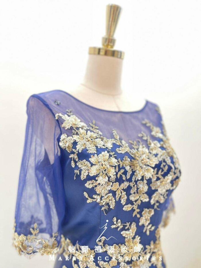 藍紫金花亮片蕾絲袖媽媽禮服