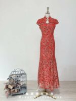 酡紅金絲繡挖空旗袍媽媽禮服