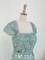 碧綠蕾絲織花肩袖媽媽禮服