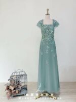 碧綠蕾絲織花肩袖媽媽禮服