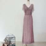 粉紫珠鑽V領水袖媽媽禮服