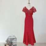 胭脂紅珠鑽刺繡蕾絲媽媽禮服