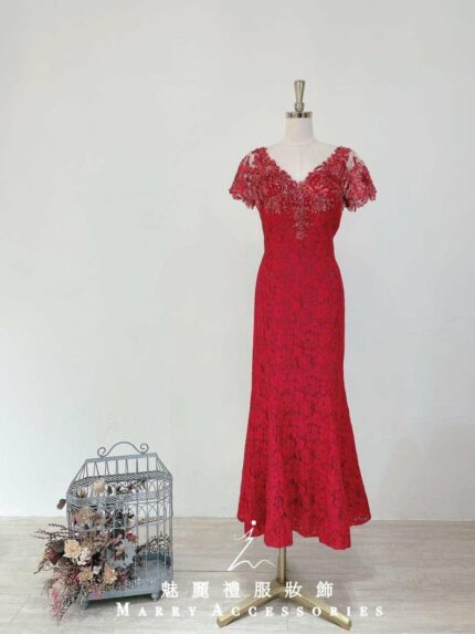胭脂紅珠鑽刺繡蕾絲媽媽禮服