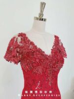 胭脂紅珠鑽刺繡蕾絲媽媽禮服