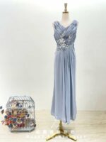 莫蘭迪灰藍珠鑽交織抓皺媽媽禮服