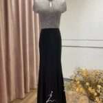 灰色滿鑽挖空拼接黑緞台中媽媽禮服