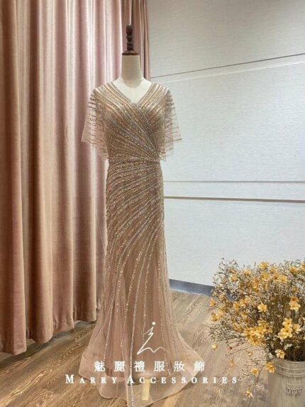 香檳交叉滿鑽飄飄袖台中媽媽禮服