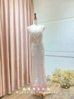 粉色人魚蕾絲織花台中媽媽禮服