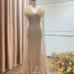 香檳羽毛肩袖魚尾台中媽媽禮服