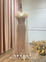 香檳羽毛肩袖魚尾台中媽媽禮服