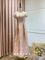 粉橘花紋旗袍領澎裙台中媽媽禮服