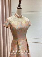 粉橘花紋旗袍領澎裙台中媽媽禮服
