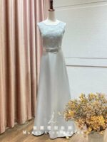 藍灰緞面蝴蝶結收腰台中媽媽禮服