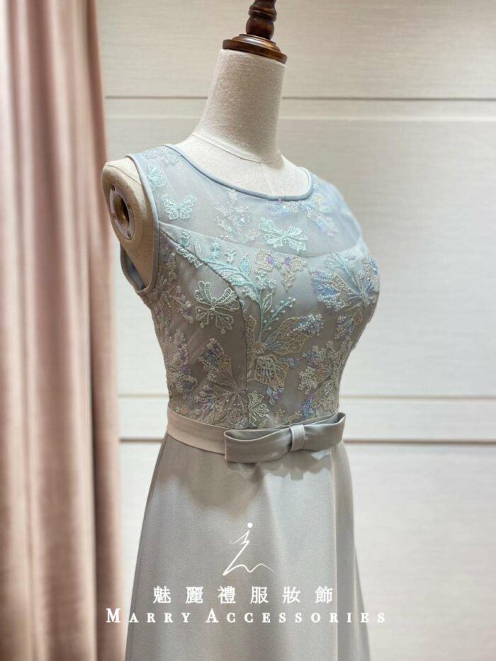 藍灰緞面蝴蝶結收腰台中媽媽禮服