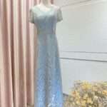 碧藍羽毛亮片桃心領台中媽媽禮服