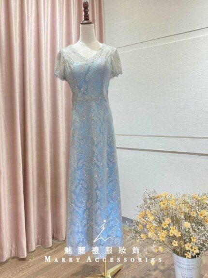 碧藍羽毛亮片桃心領台中媽媽禮服