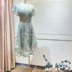 湖水綠荷葉花紋腰間短台中媽媽禮服