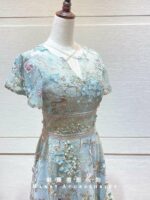 湖水綠荷葉花紋腰間短台中媽媽禮服