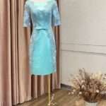 蒂芬妮綠緞面繡花短台中媽媽禮服