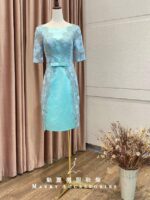 蒂芬妮綠緞面繡花短台中媽媽禮服