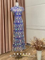 藏藍花葉刺繡旗袍台中媽媽禮服