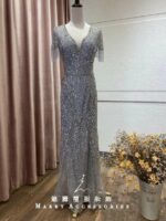 銀灰滿鑽滴袖魚尾台中媽媽禮服