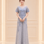 灰藍織花刺繡蕾絲裙台中媽媽禮服