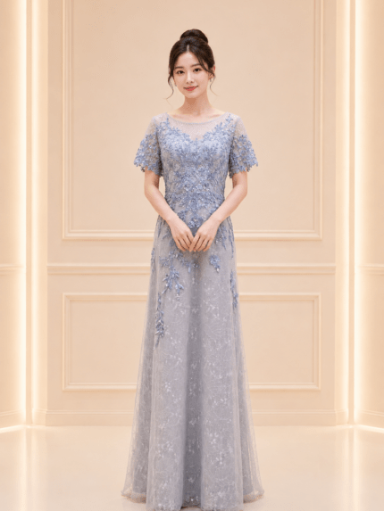 灰藍織花刺繡蕾絲裙台中媽媽禮服