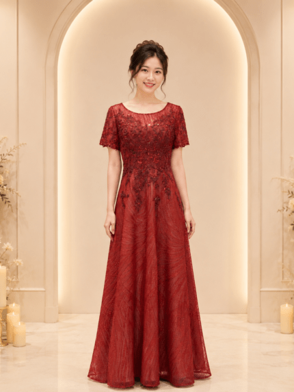 玫瑰紅珠線刺繡A字裙台中媽媽禮服