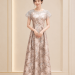 粉紫包袖蕾絲花紋澎裙台中媽媽禮服