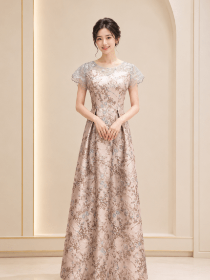 粉紫包袖蕾絲花紋澎裙台中媽媽禮服