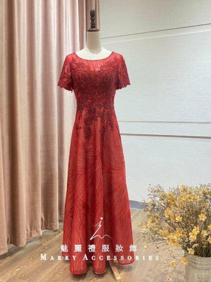 玫瑰紅珠線刺繡A字裙台中媽媽禮服