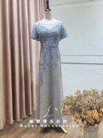 灰藍織花刺繡蕾絲裙台中媽媽禮服