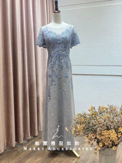 灰藍織花刺繡蕾絲裙台中媽媽禮服