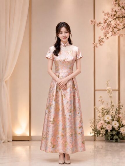 粉橘花紋旗袍領澎裙台中媽媽禮服