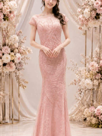 藕粉管珠蕾絲魚尾台中媽媽禮服