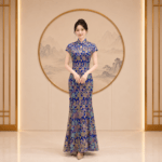 藏藍花葉刺繡旗袍台中媽媽禮服