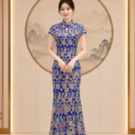 藏藍花葉刺繡旗袍台中媽媽禮服