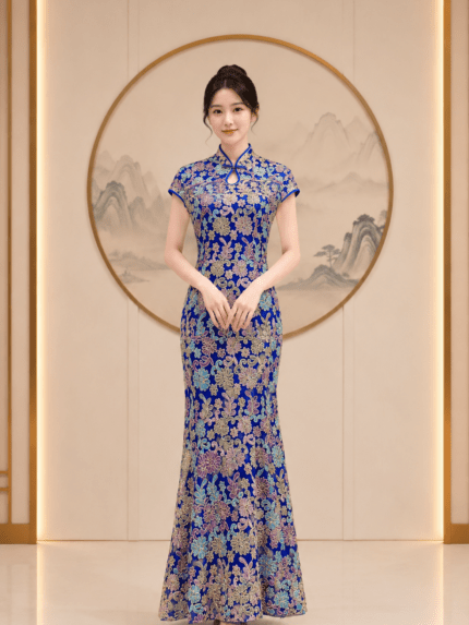 藏藍花葉刺繡旗袍台中媽媽禮服