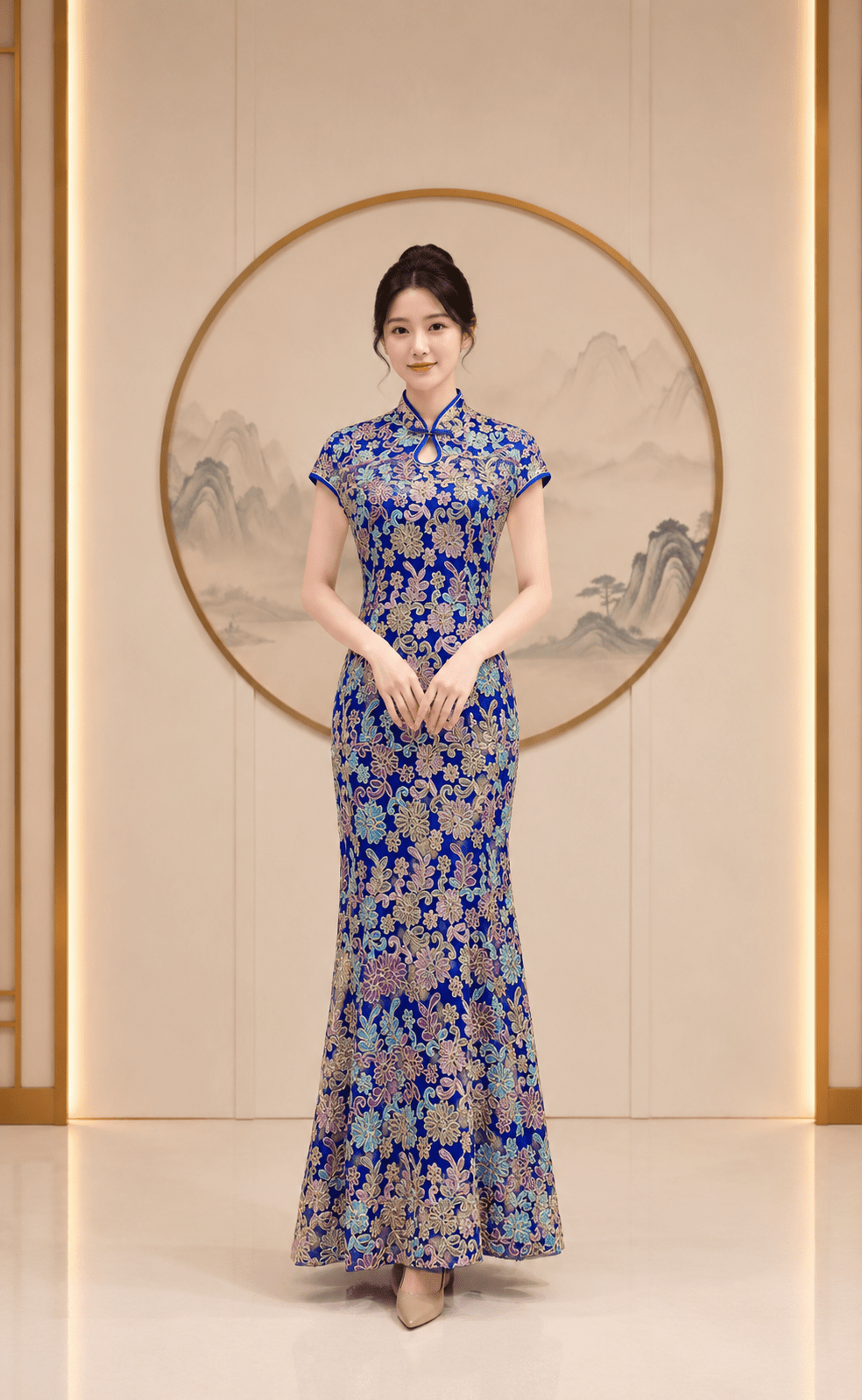 藏藍花葉刺繡旗袍台中媽媽禮服 藏藍花葉刺繡旗袍台中媽媽禮服