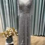 銀灰水鑽滿天星蕾絲袖媽媽禮服